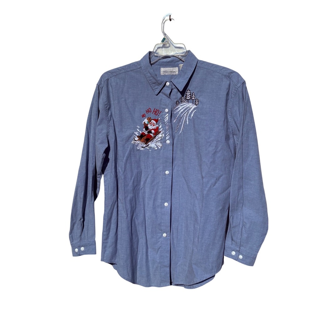 Womens Plus 18W Christmas Santa Embroidery Denim Shirt Blue Button Down